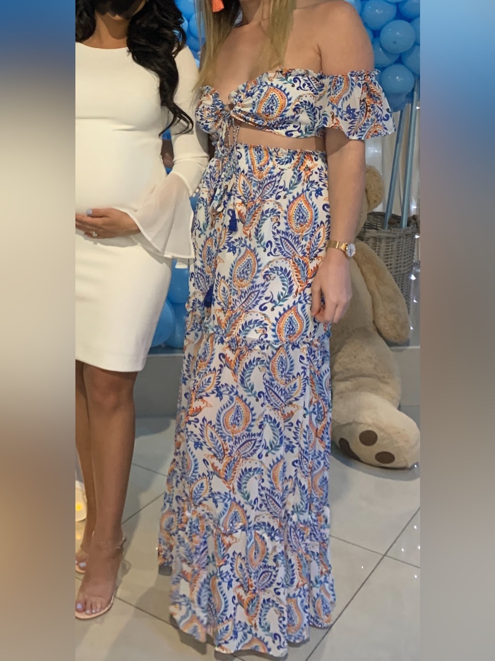 Boho Paisley Two Piece Set- Tiered Maxi Skirt & Crop Top - Blue & Orange